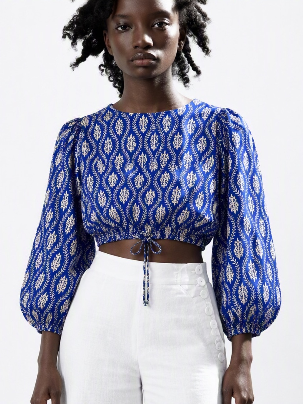 Zara Blue Floral Print Cropped Blouse Balloon Sleeve Boho - Size Small Like New